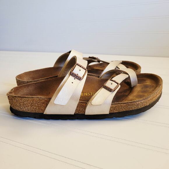 Birkenstock Shoes - Birkenstock Mayari Sandals Womens 6-6.5 Leather Shimmer Cream Strappy EU 37